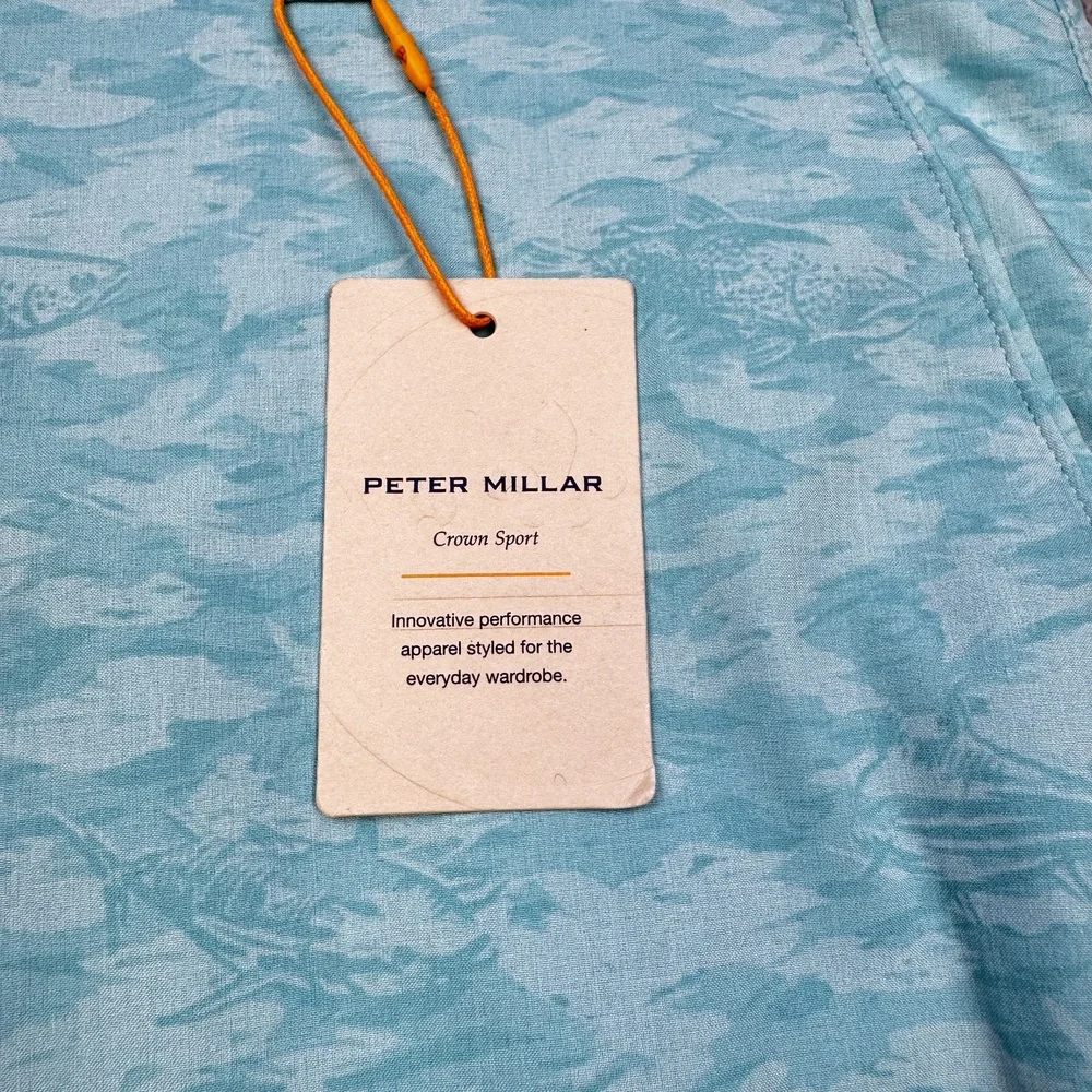 Peter Millar Crown Sport Shorts Mens 35 Blue Fish Print Beach Glass Golf Stretch
